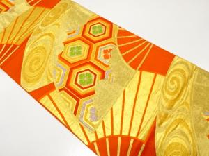 アンティーク　扇に流水・花亀甲模様織り出し袋帯（着用可）